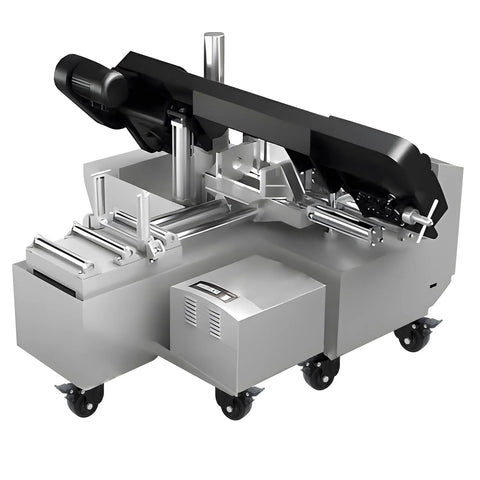 Industrial metal-cutting machine on wheels with heavy-duty design and robust frame, featuring multiple rollers and a motor unit.