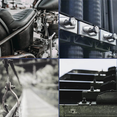 Collage of mechanical parts and structures using 200Pcs Hex Bolts And Nuts Set Assortment Kit Carbon Steel Hardware Screws 7 Sizes One Quarter Twenty To Three Inches