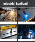 Collage of industrial applications, including welding and metal cutting, showcasing tools and techniques in a workshop setting.