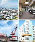 Collage of an industrial facility, modern office interior, shipyard with crane, and multi-story building