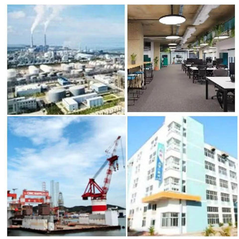 Collage of industrial plant, modern office, dock with cranes, and a multi-story building.