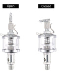 Industrial Oil Cup With Needle Valve Gravity Drip Feed Oiler, chrome-plated, showing open and closed positions
