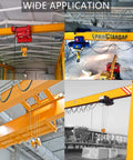 Various industrial overhead cranes in use for lifting heavy loads in warehouses and construction sites.