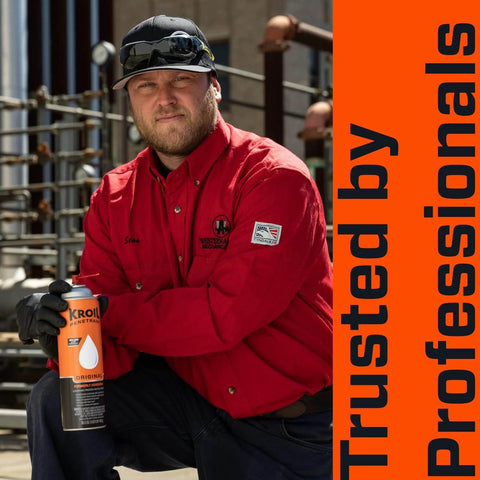 Man in red shirt holding a can of Rust Penetrating Lubricant Corrosion Inhibitor Oil 8 oz with industrial background, text: Trusted by Professionals