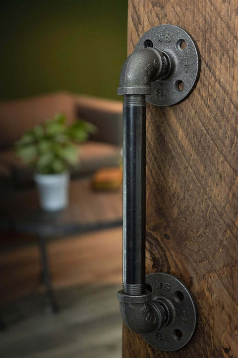Industrial Pipe Decor Barn Door Handle 8 Inch With Authentic Steel Grey Iron Fittings Flanges And Pipes for wooden door