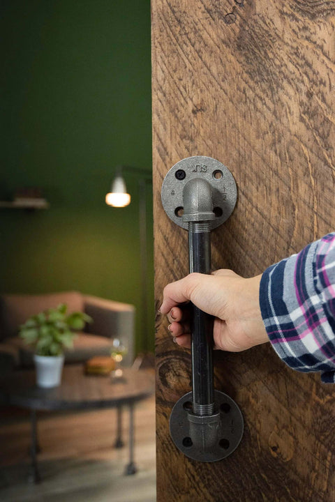 Industrial Pipe Decor Barn Door Handle 8 Inch With Authentic Steel Grey Iron Fittings Flanges And Pipes for rustic door opening