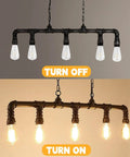 Rustic Industrial Tube Pipe Chandelier With Five Light Edison Style Steampunk Pendant Light Fixture, off and on view
