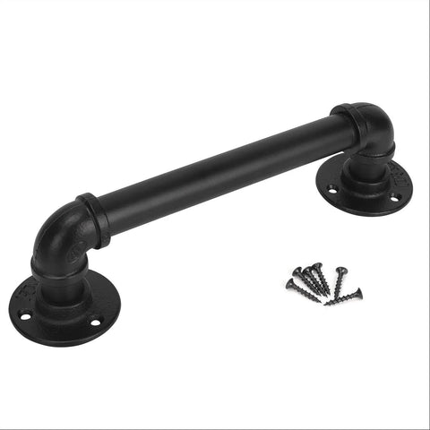 Set Of 2 Industrial Pipe Door Pull Handles And Grab Bars With Antique Rustic Cast Iron Handrails In Matte Black 12 Inch