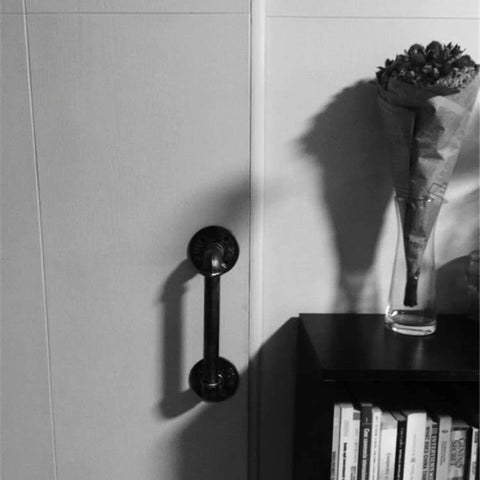 Set Of 2 Industrial Pipe Door Pull Handles And Grab Bars With Antique Rustic Cast Iron Handrails In Matte Black 12 Inch on cabinet