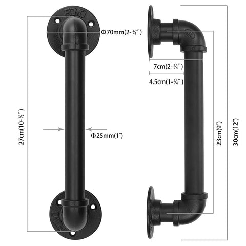 Set Of 2 Industrial Pipe Door Pull Handles And Grab Bars With Antique Rustic Cast Iron Handrails In Matte Black 12 Inch with dimensions