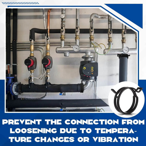 Industrial piping system with 5 Pieces Constant Tension Band Hose Clamps Black 12mm Width Fuel Line Clips visible on hoses.