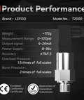 T2000 0 To 100 PSI 4 To 20 mA Air Pressure Transmitter For Diesel Gas Water Oil with specs and Hirschmann connector