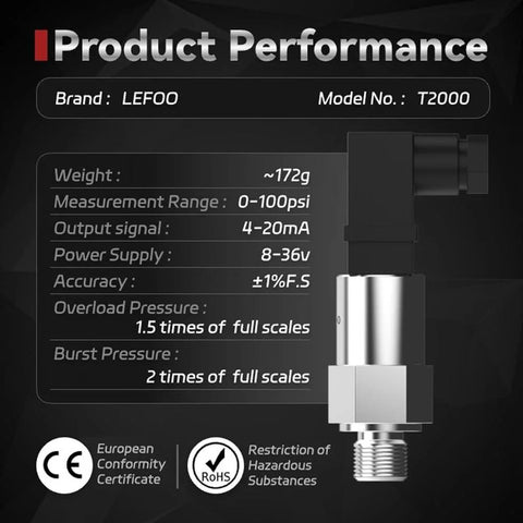 T2000 0 To 100 PSI 4 To 20 mA Air Pressure Transmitter For Diesel Gas Water Oil with specs and Hirschmann connector
