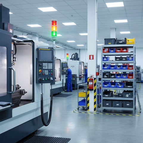 Línea de producción industrial con torre de señales Andon LED de tres niveles y zumbador integrado, con indicadores rojos, amarillos y verdes visibles