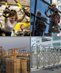 Collage of gym pulley system, window cleaner on ropes, construction cranes, and barrier gates; illustrating pulley uses.