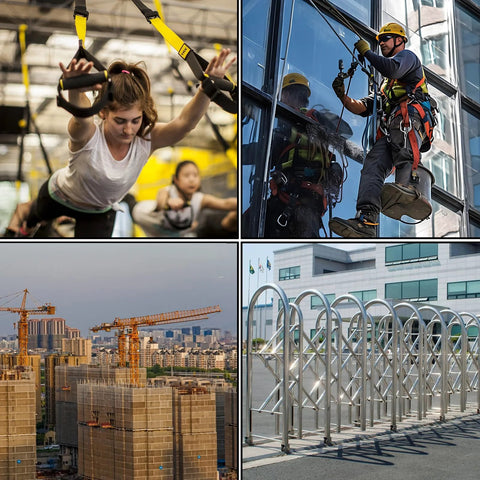 Collage of gym pulley system, window cleaner on ropes, construction cranes, and barrier gates; illustrating pulley uses.