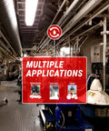 Industrial setting with a sign showing multiple applications: auto shop, factory, farm.