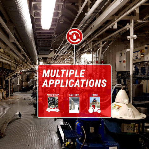 Industrial setting with a sign showing multiple applications: auto shop, factory, farm.