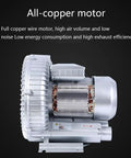 Side view of an industrial regenerative blower with an all-copper motor, showcasing efficient high pressure, low noise air output.