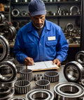 Technician inspecting forklift mast bearing rollers in an industrial setting, supporting smooth mast travel and dependable forklift lifting performance.