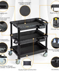 Multi Use Rolling Cart With Power Strip For Heavy Duty Workhorse Style Setups In Shops, Industrial Grade Plastic Utility Cart with labeled features