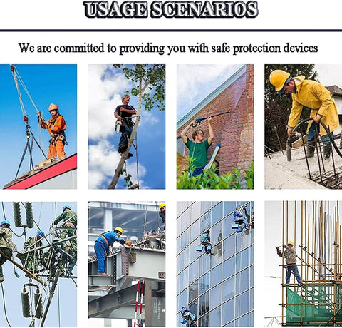 Various workers using Pro Grade Heavy Duty Self Retracting Lifeline For Fall Protection Industrial Safety Rope in different scenarios.