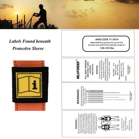 Industrial Fall Protection Safety Harness With 6-Foot Shock Absorber Lanyard Permanent Attached Kit for Personal Fall Arrest System PFAS ANSI Compliant, showing label details and capacity range.