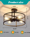 Industrial Semi Flush Mount Ceiling Light Four Light Rustic Metal Fixture In Matte Black For Kitchen Island Dining Room Hallway Entryway And Living Areas Farmhouse Chandelier With Industrial Vibe, dimensions labeled