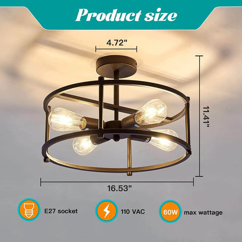 Industrial Semi Flush Mount Ceiling Light Four Light Rustic Metal Fixture In Matte Black For Kitchen Island Dining Room Hallway Entryway And Living Areas Farmhouse Chandelier With Industrial Vibe, dimensions labeled