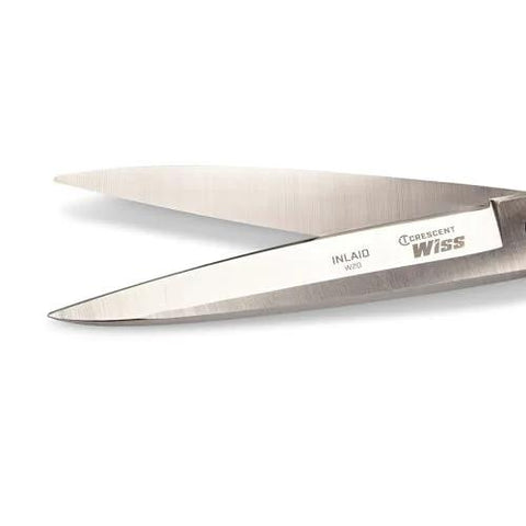 Close-up of blades from 10 Inch Bent Handle Industrial Shears for Heavy Duty Cutting of Upholstery, Carpet, and Drapery Materials.