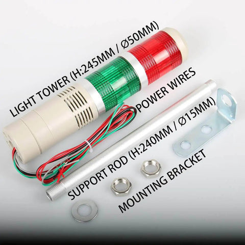 Industrial Signal Column LED Alarm Tower Light With Buzzer, 2 Layer Stack Warning Beacon For Safety, 24V Power, Red Green LEDs displayed with mounting components.