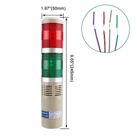 All-In-One Industrial Signal Light Tower With Red And Green LED Indicator, 12V DC, Continuous Light, Buzzer Included, Model LTA-502TJ