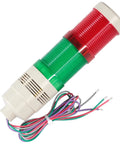 Industrial Signal Tower Light With Red Green And Yellow LED Indicators Built In Buzzer For Clear Alerts In Noisy Environments High Brightness 110 To 120V AC Durable Design Ideal For Industrial Equipment Alarms Rilfyzop T50 2WJB, side view with visible wiring