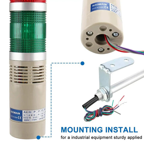 All-In-One Industrial Signal Light Tower With Red And Green LED Indicator, 12V DC, Continuous Light, Buzzer Included, Model LTA-502TJ displayed