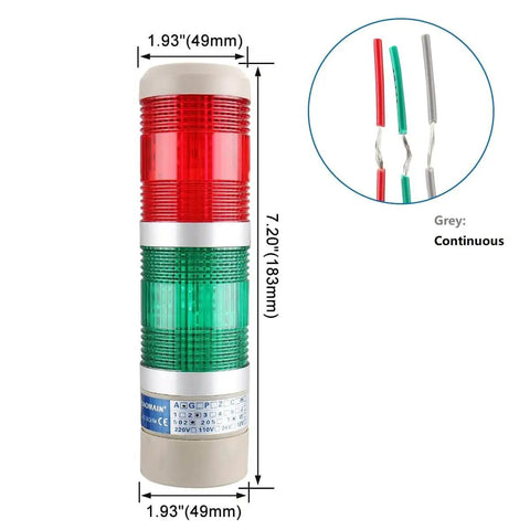 Industrial Signal Light Tower LED LTA 502T Round Indicator with Red and Green Continuous Light DC 24V 2W shown with dimensions