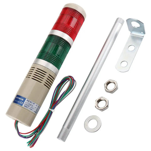 All-In-One Industrial Signal Light Tower With Red And Green LED Indicator, 12V DC, Continuous Light, Buzzer Included, Model LTA-502TJ shown disassembled