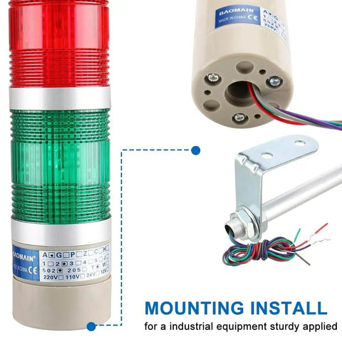 Industrial Signal Tower LED Round Light Indicator Red and Green Continuous Warning Lamp 110V AC 2W Built Tough with Durable Metal and Plastic Housing Model LTA-502T Includes Mounting Bracket