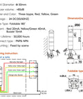 Diagram of 3 Layer LED Signal Tower Light With Rotatable Base And 85dB Buzzer, Industrial Warning Lamp, 24V DC And AC Red Yellow Green Three Color Stack Light For Machinery And Control Panels.