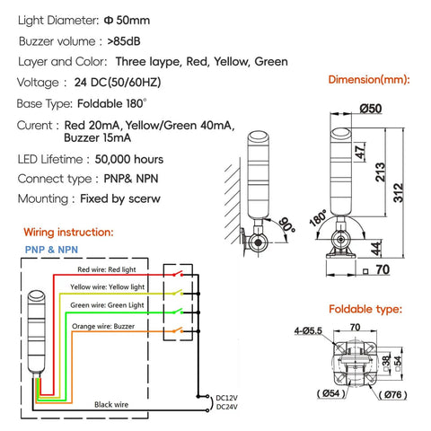 Diagram of 3 Layer LED Signal Tower Light With Rotatable Base And 85dB Buzzer, Industrial Warning Lamp, 24V DC And AC Red Yellow Green Three Color Stack Light For Machinery And Control Panels.