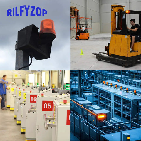 Industrial Signal Tower Light with Red Green and Yellow LED Indicators in Factory with Forklift and Equipment Rilfyzop T50 2WJB