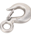 Close-up of stainless steel lifting hook with safety latch for heavy-duty hoist use.