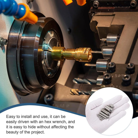 Industrial Grade Stainless Steel Ball Point Set Screws M8x30mm used in machinery; inset shows pack of 6 hex socket grub screws