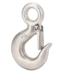 Close-up front view of a 1-ton stainless steel lifting hook with safety latch, 110mm long