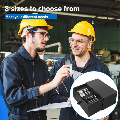 Two workers with 80 Piece Size A 2 By 2 Inch Stainless Steel Slotted Shim Go To Pro Grade Shop Kit With Box