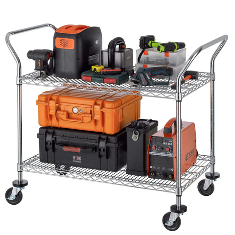 Heavy Duty 2 Tier Rolling Cart With Wheels And Handles For Commercial Use 600 Lb Capacity Built To Last Industrial Steel Utility Cart Kitchen Carts On Wheels NSF Certified 23.6 In D X 47.2 In W X 39.4 In H loaded with tools