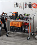 Heavy Duty 2 Tier Rolling Cart With Wheels And Handles For Commercial Use 600 Lb Capacity Built To Last Industrial Steel Utility Cart Kitchen Carts On Wheels NSF Certified 23.6 In D X 47.2 In W X 39.4 In H holding tools and equipment