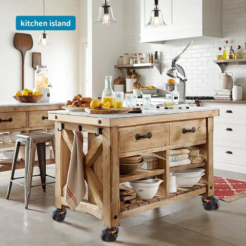 Rustic kitchen island on Heavy Duty Stem Leveling Casters Set For Industrial Machines And Furniture, four pack retractable wheels.