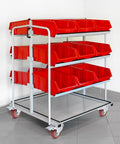 Heavy duty metal storage cart with red bins on 3 inch heavy duty industrial swivel caster wheels with brake, set of 4.