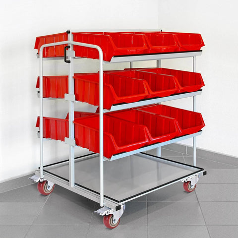 Heavy duty metal storage cart with red bins on 3 inch heavy duty industrial swivel caster wheels with brake, set of 4.