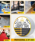 Product packaging of Heavy Duty Double Sided Carpet Tape For Area Rugs On Tile And Hardwood Floors No Damage 105 Feet By 2 Inches Rug Tape For Tile Floors Multi Purpose Strong Adhesive For Carpets And Tiles Sticks Like Crazy showing various uses.